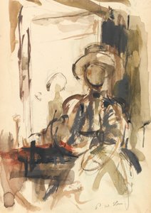 Seated figure: woman seated, wearing a hat
